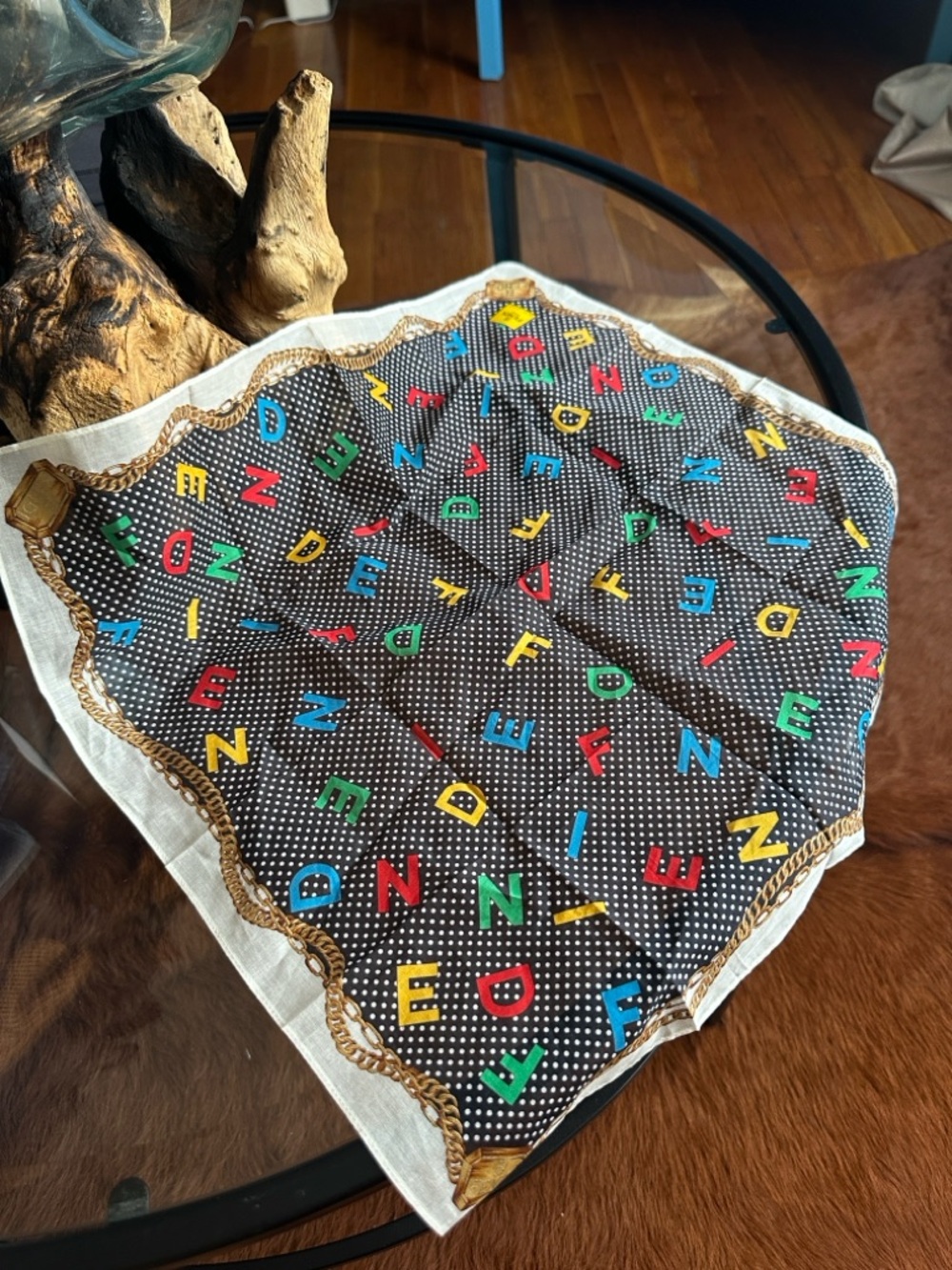 Fendi Black Polka Dot Scarf with Multicolor Letters and Gold Chain Motif